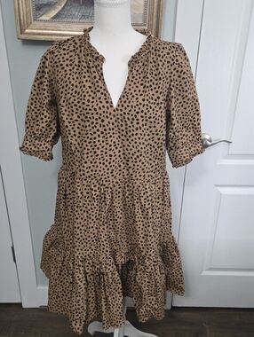 J. Crew Tan Dress with Black Spot Print and Ruffled Tiers
